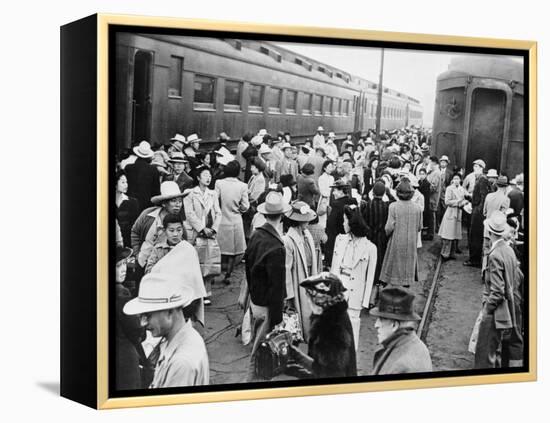 Japanese-American Internees Waiting to Board Train to Santa Anita, Los Angeles, c.1942-null-Framed Stretched Canvas