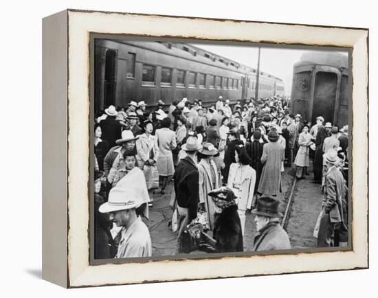Japanese-American Internees Waiting to Board Train to Santa Anita, Los Angeles, c.1942-null-Framed Stretched Canvas