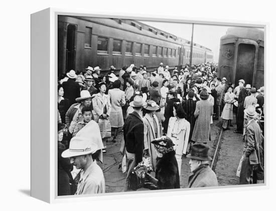 Japanese-American Internees Waiting to Board Train to Santa Anita, Los Angeles, c.1942-null-Framed Stretched Canvas