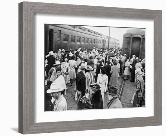 Japanese-American Internees Waiting to Board Train to Santa Anita, Los Angeles, c.1942-null-Framed Photo