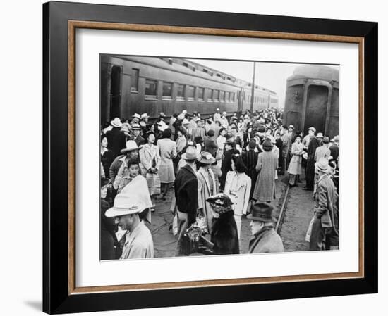 Japanese-American Internees Waiting to Board Train to Santa Anita, Los Angeles, c.1942-null-Framed Photo