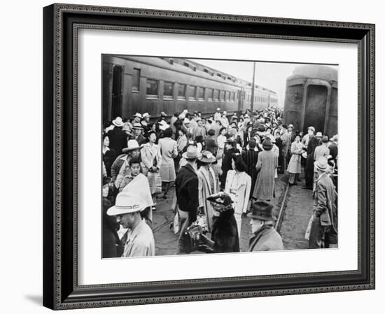 Japanese-American Internees Waiting to Board Train to Santa Anita, Los Angeles, c.1942-null-Framed Photo