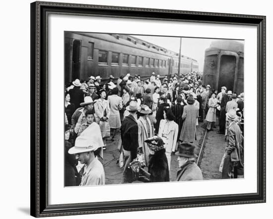 Japanese-American Internees Waiting to Board Train to Santa Anita, Los Angeles, c.1942-null-Framed Photo