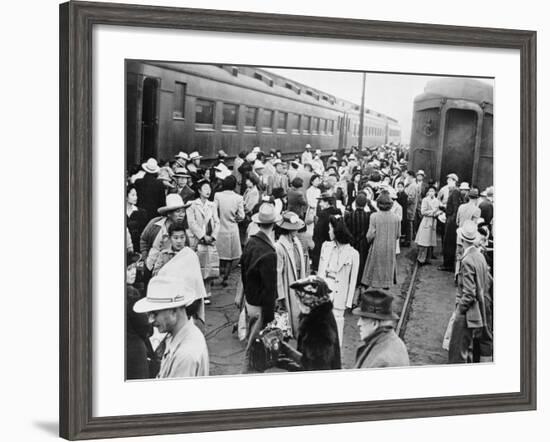 Japanese-American Internees Waiting to Board Train to Santa Anita, Los Angeles, c.1942-null-Framed Photo