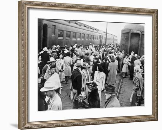 Japanese-American Internees Waiting to Board Train to Santa Anita, Los Angeles, c.1942-null-Framed Photo