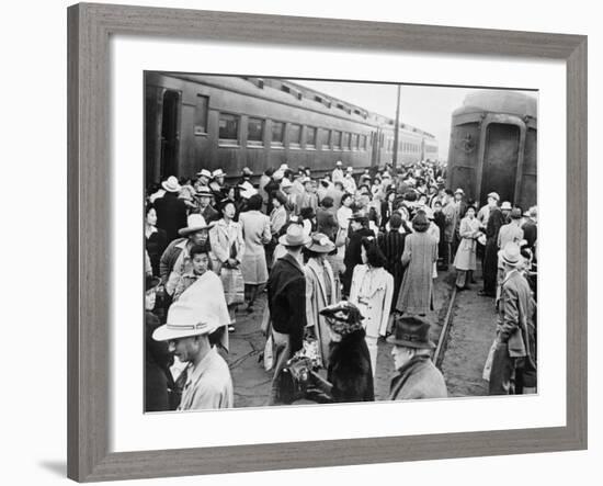 Japanese-American Internees Waiting to Board Train to Santa Anita, Los Angeles, c.1942-null-Framed Photo