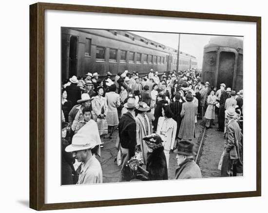 Japanese-American Internees Waiting to Board Train to Santa Anita, Los Angeles, c.1942-null-Framed Photo