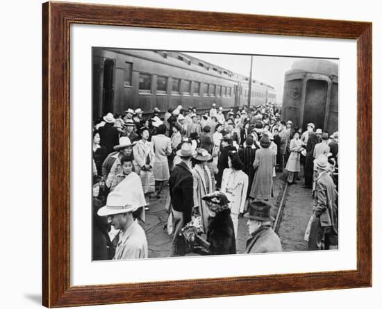 Japanese-American Internees Waiting to Board Train to Santa Anita, Los Angeles, c.1942-null-Framed Photo