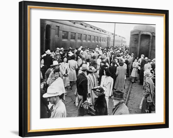 Japanese-American Internees Waiting to Board Train to Santa Anita, Los Angeles, c.1942-null-Framed Photo