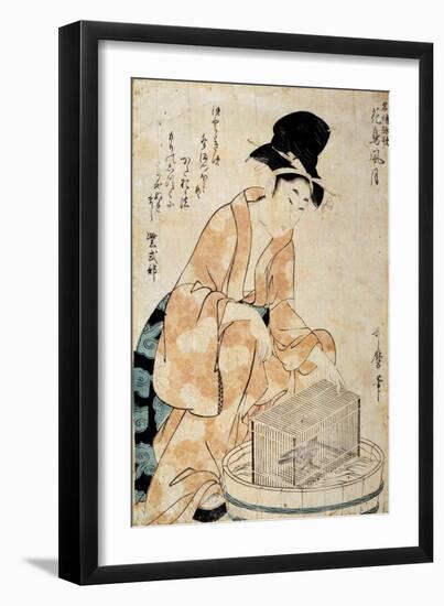 Japanese Art: Woman Sitting in Front of a Bird Cage, 18Th Century (Painting)-Kitagawa Utamaro-Framed Giclee Print