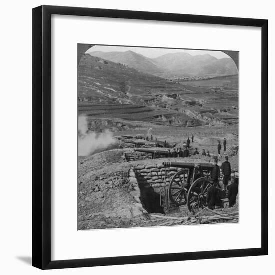 Japanese Batteries Firing on Russian Forts, Siege of Port Arthur, Russo-Japanese War, 1904-1905-Underwood & Underwood-Framed Photographic Print