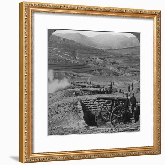 Japanese Batteries Firing on Russian Forts, Siege of Port Arthur, Russo-Japanese War, 1904-1905-Underwood & Underwood-Framed Photographic Print