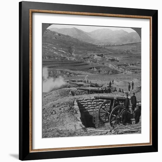 Japanese Batteries Firing on Russian Forts, Siege of Port Arthur, Russo-Japanese War, 1904-1905-Underwood & Underwood-Framed Photographic Print