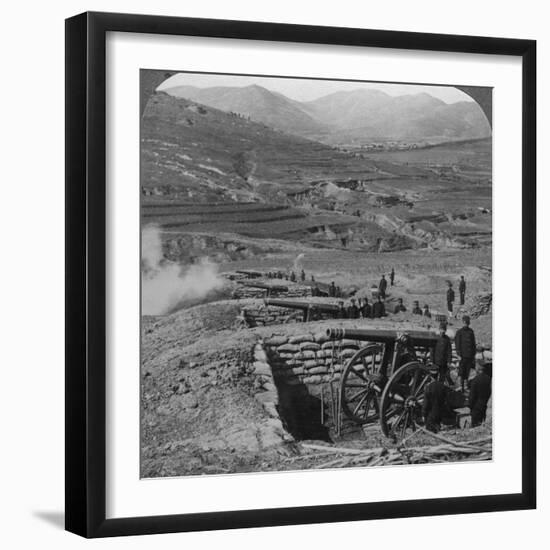 Japanese Batteries Firing on Russian Forts, Siege of Port Arthur, Russo-Japanese War, 1904-1905-Underwood & Underwood-Framed Photographic Print