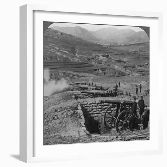 Japanese Batteries Firing on Russian Forts, Siege of Port Arthur, Russo-Japanese War, 1904-1905-Underwood & Underwood-Framed Photographic Print