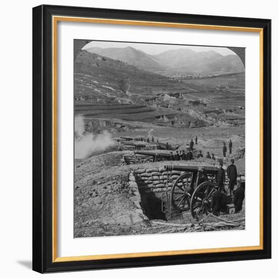 Japanese Batteries Firing on Russian Forts, Siege of Port Arthur, Russo-Japanese War, 1904-1905-Underwood & Underwood-Framed Photographic Print