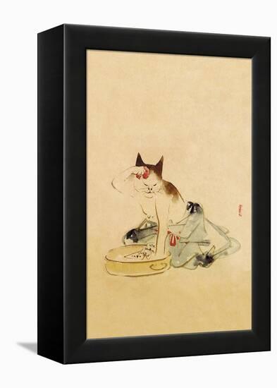 Japanese Cat Bathing-null-Framed Stretched Canvas