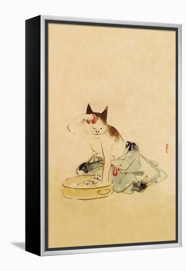 Japanese Cat Bathing-null-Framed Stretched Canvas