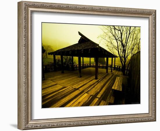 Japanese Gazebo on Deck overlooking Water and Hills-Jan Lakey-Framed Photographic Print