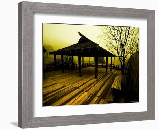 Japanese Gazebo on Deck overlooking Water and Hills-Jan Lakey-Framed Photographic Print