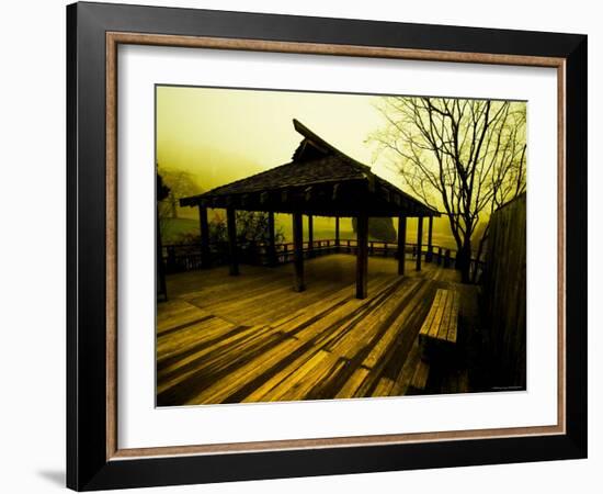 Japanese Gazebo on Deck overlooking Water and Hills-Jan Lakey-Framed Photographic Print