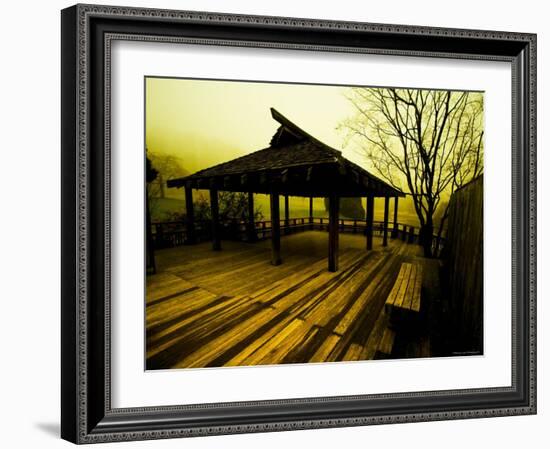 Japanese Gazebo on Deck overlooking Water and Hills-Jan Lakey-Framed Photographic Print