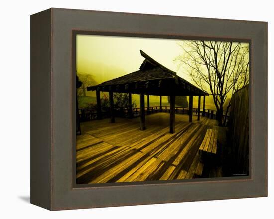 Japanese Gazebo on Deck overlooking Water and Hills-Jan Lakey-Framed Premier Image Canvas