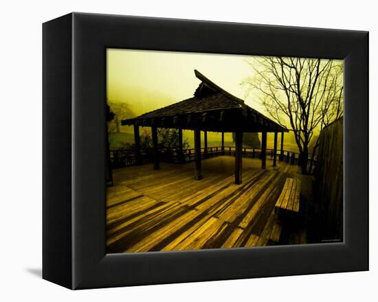 Japanese Gazebo on Deck overlooking Water and Hills-Jan Lakey-Framed Premier Image Canvas