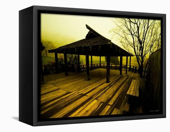 Japanese Gazebo on Deck overlooking Water and Hills-Jan Lakey-Framed Premier Image Canvas