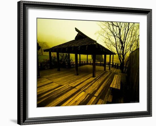 Japanese Gazebo on Deck overlooking Water and Hills-Jan Lakey-Framed Photographic Print