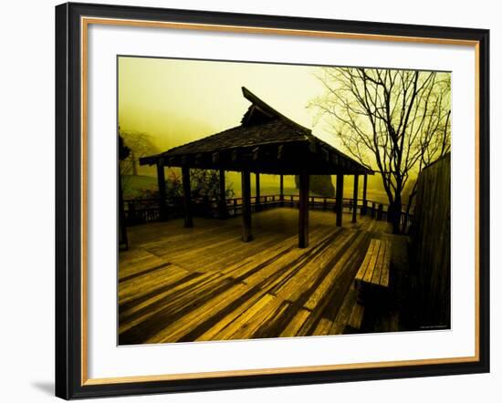 Japanese Gazebo on Deck overlooking Water and Hills-Jan Lakey-Framed Photographic Print