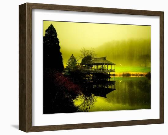 Japanese Gazebo with Views of Hills and Water-Jan Lakey-Framed Photographic Print