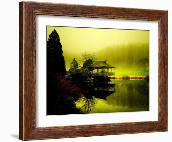 Japanese Gazebo with Views of Hills and Water-Jan Lakey-Framed Photographic Print