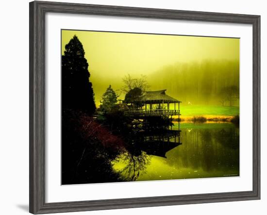 Japanese Gazebo with Views of Hills and Water-Jan Lakey-Framed Photographic Print