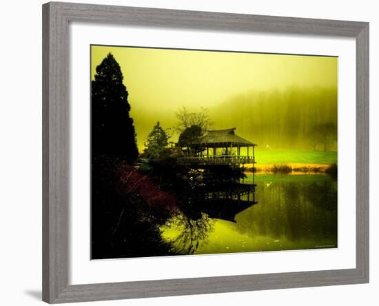 Japanese Gazebo with Views of Hills and Water-Jan Lakey-Framed Photographic Print