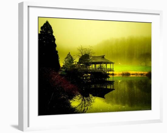 Japanese Gazebo with Views of Hills and Water-Jan Lakey-Framed Photographic Print