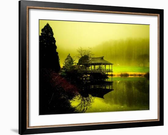 Japanese Gazebo with Views of Hills and Water-Jan Lakey-Framed Photographic Print