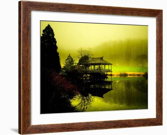Japanese Gazebo with Views of Hills and Water-Jan Lakey-Framed Photographic Print