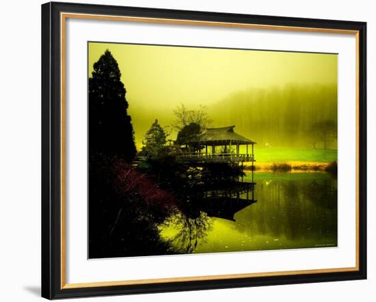 Japanese Gazebo with Views of Hills and Water-Jan Lakey-Framed Photographic Print