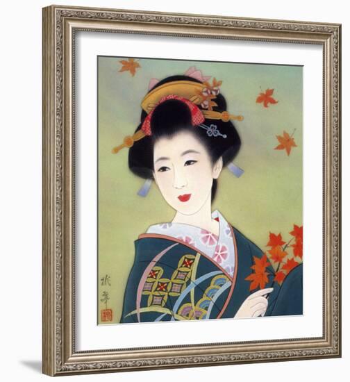 Japanese Geisha in Fall Leaves-null-Framed Giclee Print