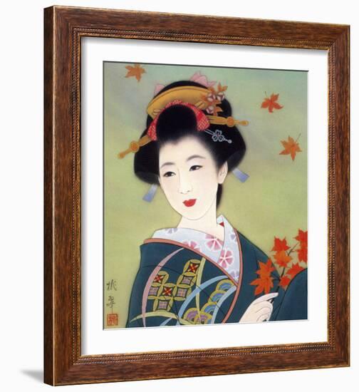 Japanese Geisha in Fall Leaves-null-Framed Giclee Print