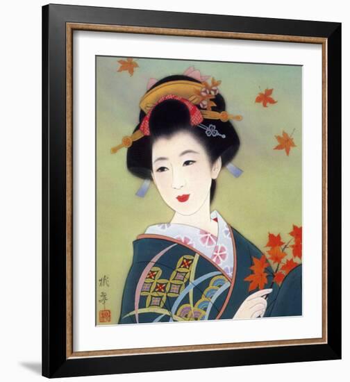 Japanese Geisha in Fall Leaves-null-Framed Giclee Print