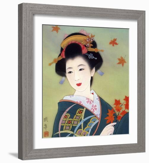 Japanese Geisha in Fall Leaves-null-Framed Giclee Print