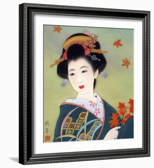 Japanese Geisha in Fall Leaves-null-Framed Giclee Print