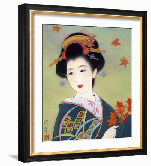 Japanese Geisha in Fall Leaves-null-Framed Giclee Print