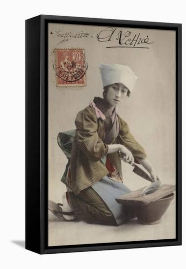 Japanese Girl Filleting Fish-null-Framed Premier Image Canvas