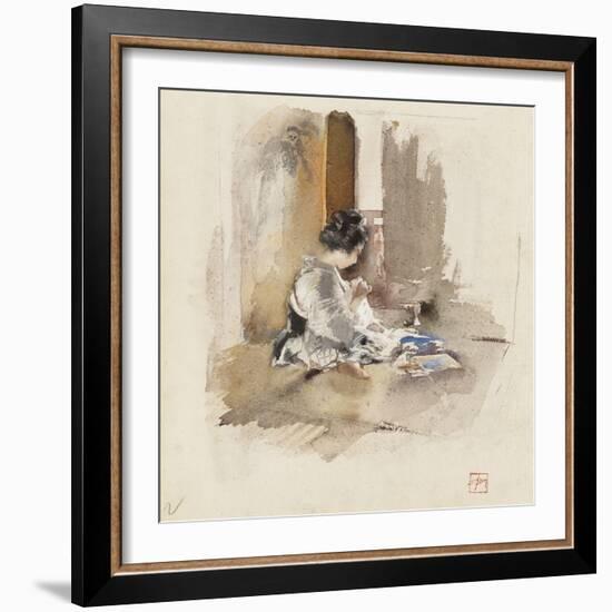 Japanese Girl Sewing, 1890 (W/C & Pencil on Paper)-Robert Frederick Blum-Framed Giclee Print