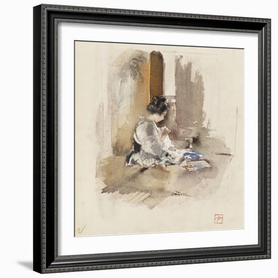 Japanese Girl Sewing, 1890 (W/C & Pencil on Paper)-Robert Frederick Blum-Framed Giclee Print