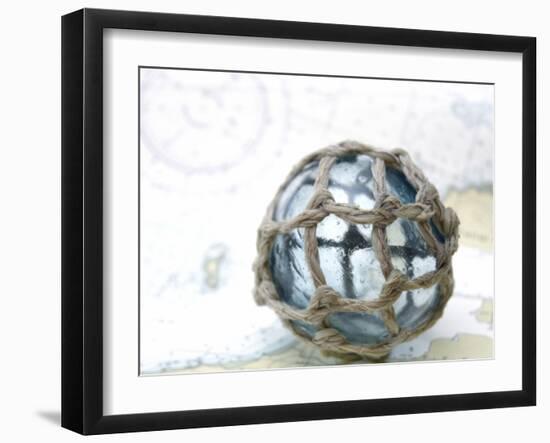 Japanese glass fishing float on nautical chart-Savanah Plank-Framed Photographic Print