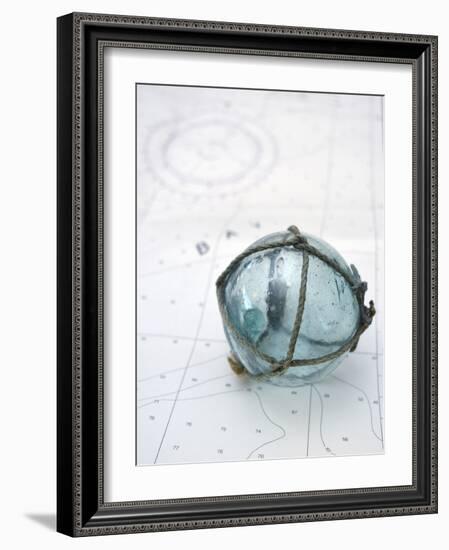 Japanese glass fishing float on nautical chart-Savanah Plank-Framed Photographic Print